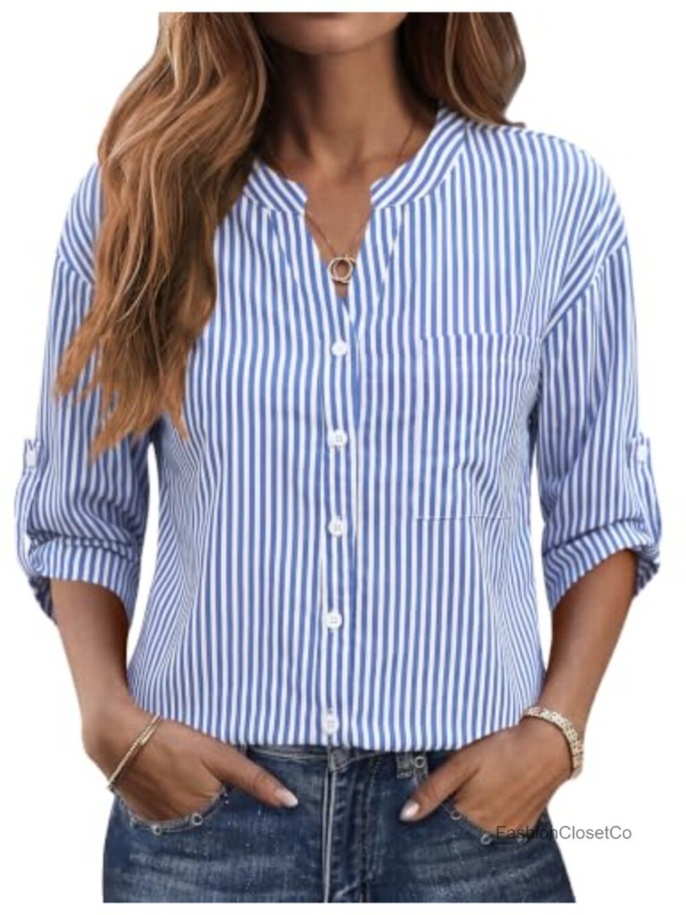Womens Button Down Shirt 3/4 Sleeve V-Neck Striped Casual Work Blouse